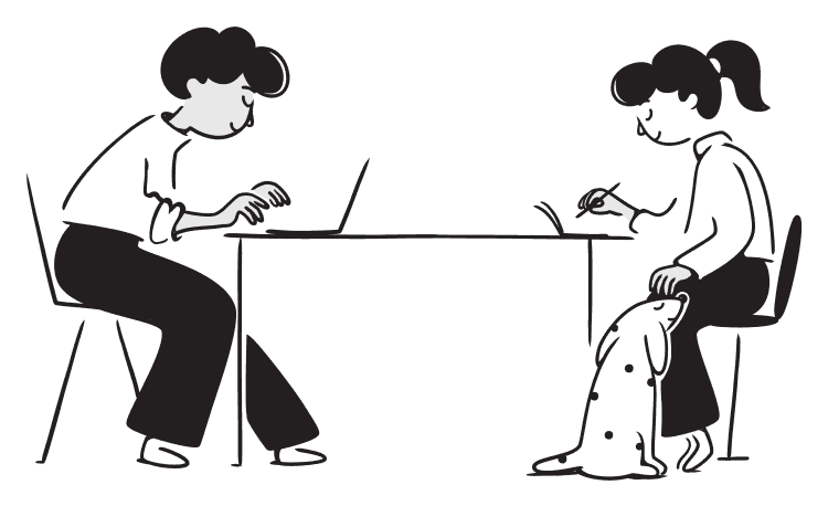 Line drawing of Florencia and Jamal working across a table, with Sofi the dog