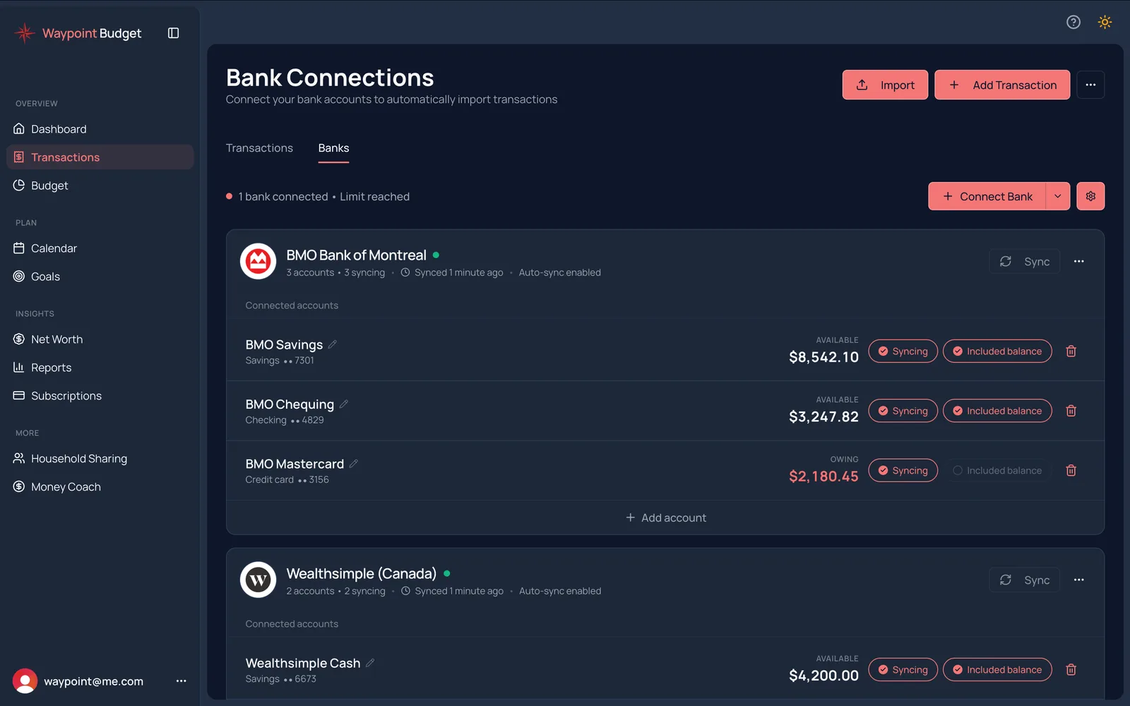 Waypoint Budget Bank Connections - Connect Canadian banks like RBC, TD, Scotiabank, BMO, CIBC automatically via Plaid and Flinks