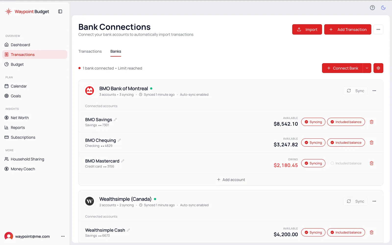 Waypoint Budget Bank Connections - Connect Canadian banks like RBC, TD, Scotiabank, BMO, CIBC automatically via Plaid and Flinks