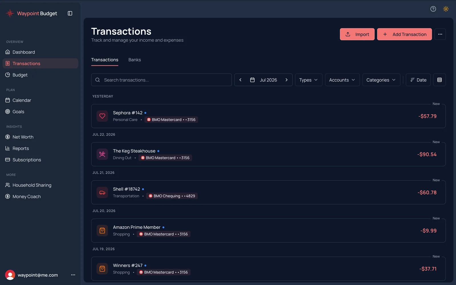 Waypoint Budget Transaction View - Automatic transaction categorization and tracking, similar to Mint's transaction list