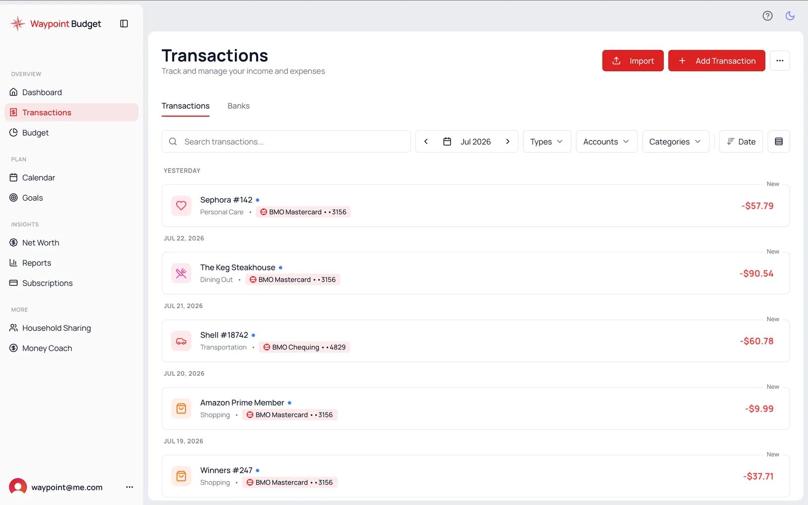 Waypoint Budget Transaction View - Automatic transaction categorization and tracking, similar to Mint's transaction list