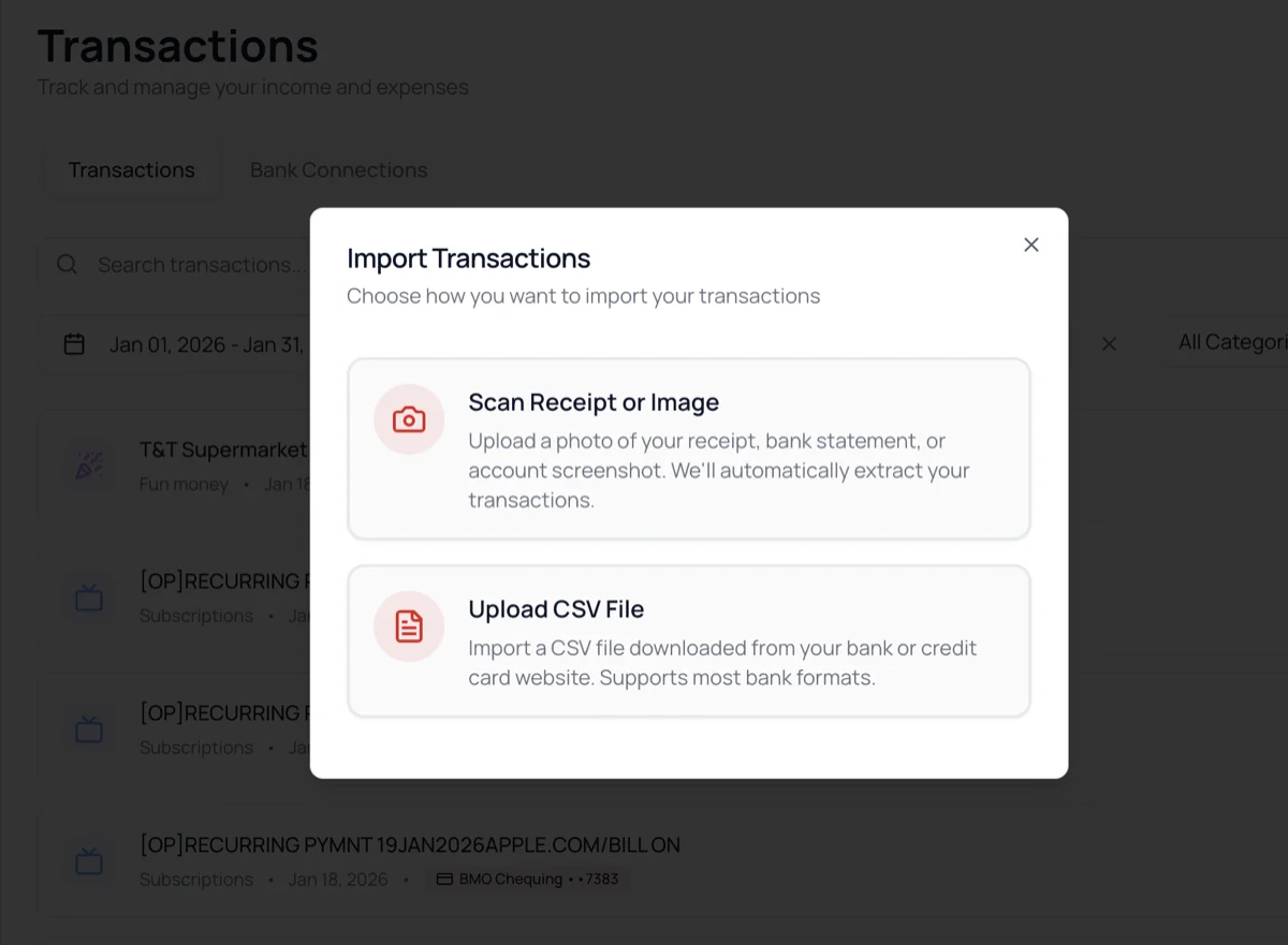 More ways to import transactions screenshot