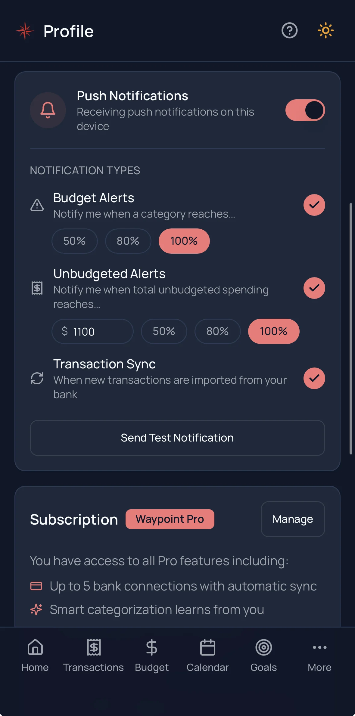 Unbudgeted Spending Alerts screenshot