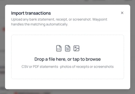 Import transactions dialog with a single drop zone for CSV, PDF, and receipt photos