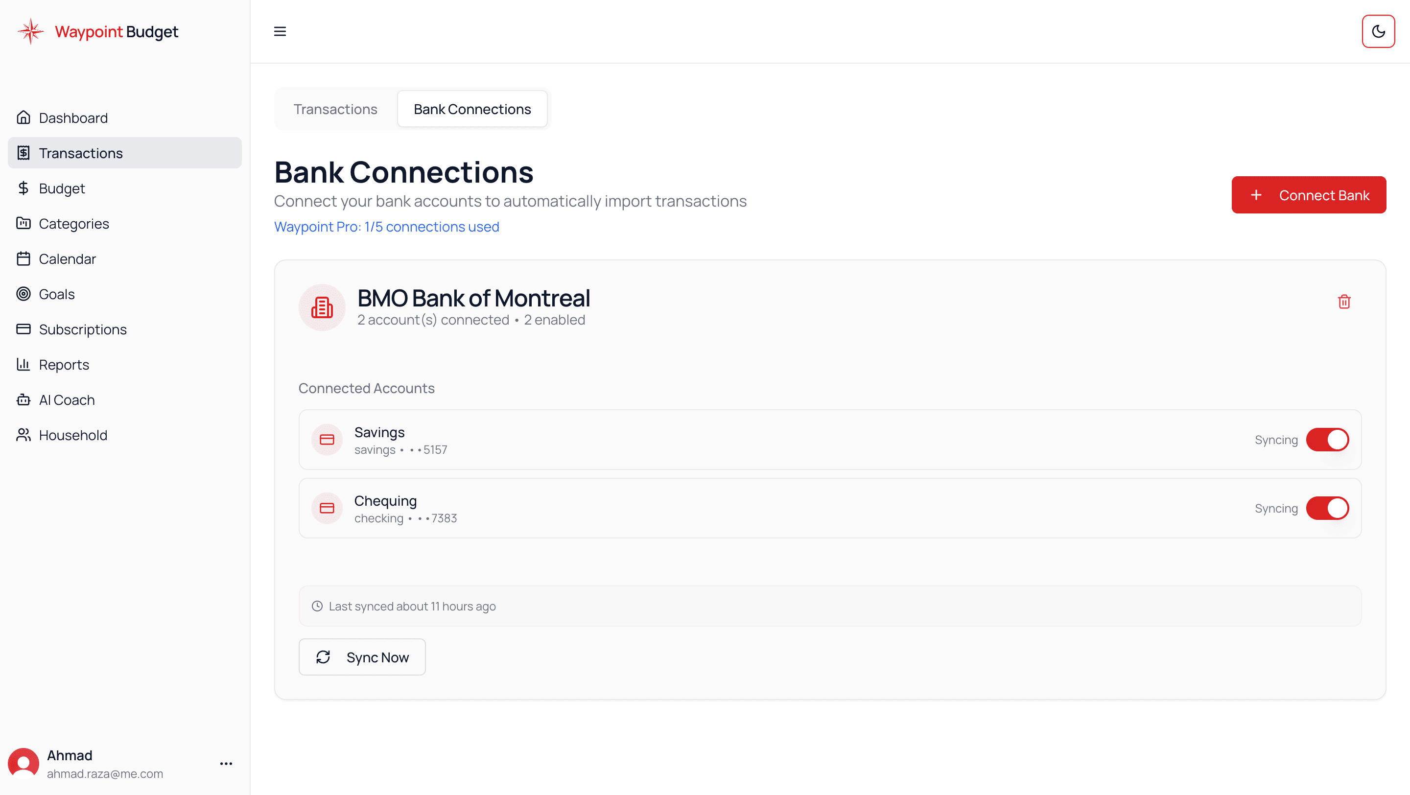 Waypoint Budget Bank Connections - Connect Canadian banks like RBC, TD, Scotiabank, BMO, CIBC automatically via Plaid