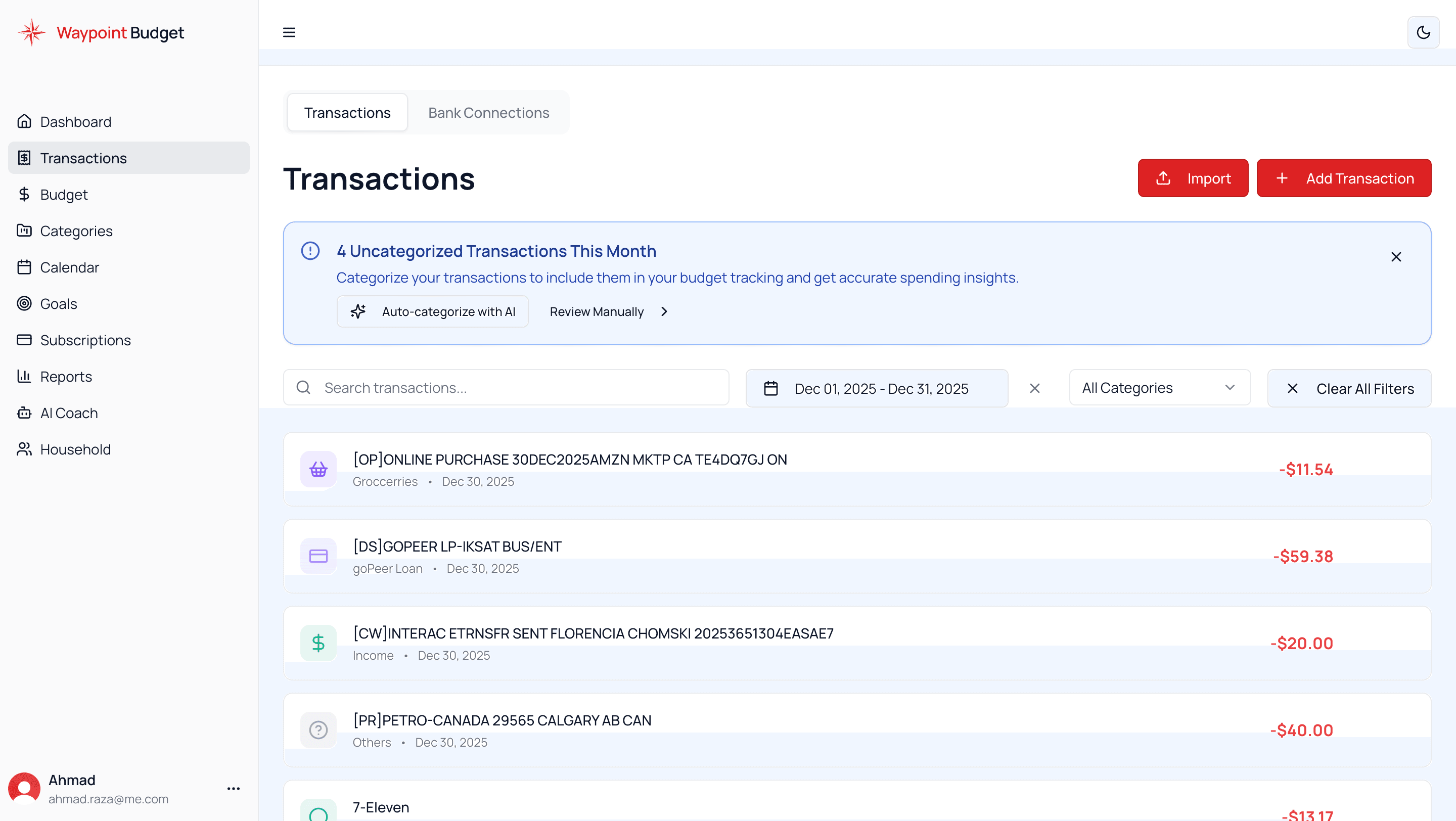 Waypoint Budget Transaction View - Automatic transaction categorization and tracking, similar to Mint's transaction list