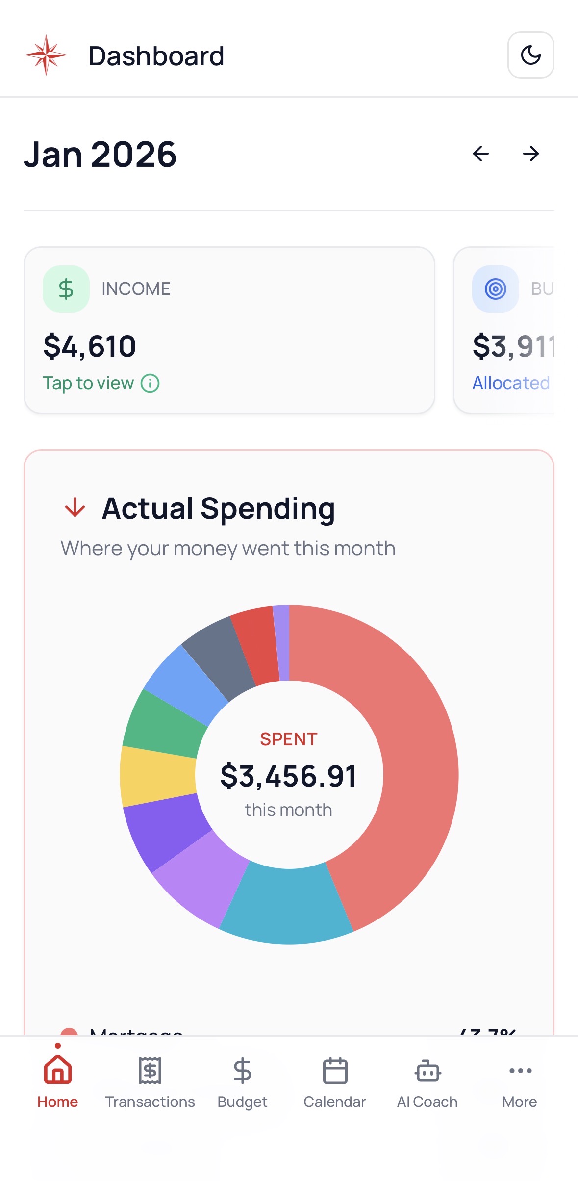 Waypoint Budget mobile dashboard showing Canadian budget categories and spending overview