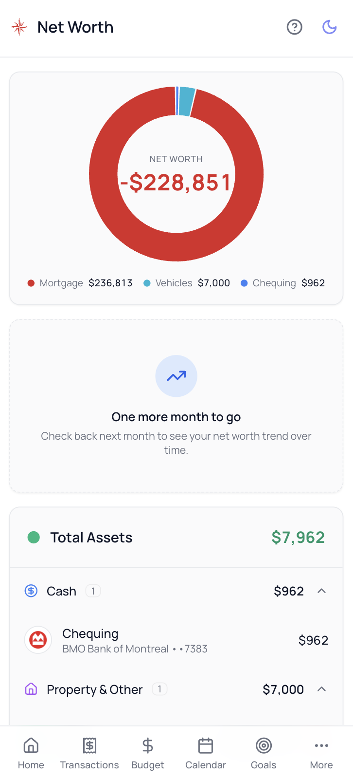 Waypoint Budget net worth tracker showing assets and liabilities breakdown
