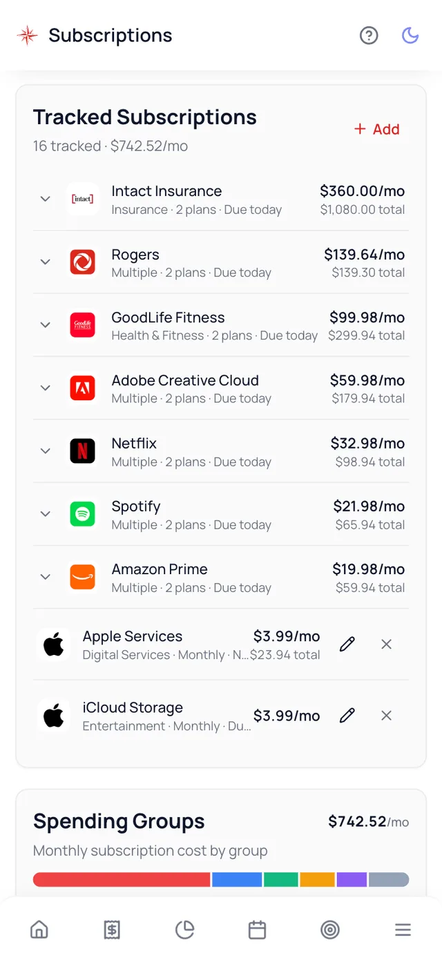 Waypoint Budget subscription tracker showing recurring charges