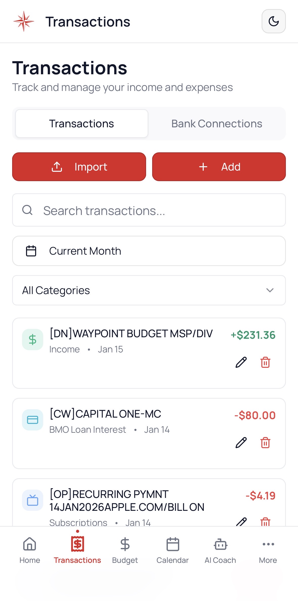 Waypoint Budget transactions view with AI-powered categorization
